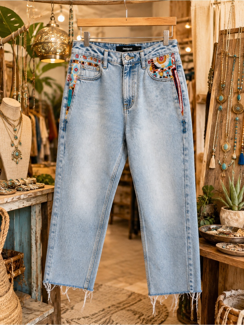 Desigual Embroidered Patchwork Jeans EU 38 (US size 6) Light Wash Raw Hem